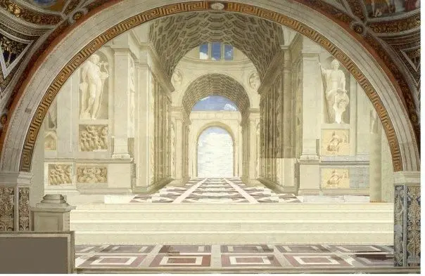 Roman vaulted hall rendered as an aged architectural fresco