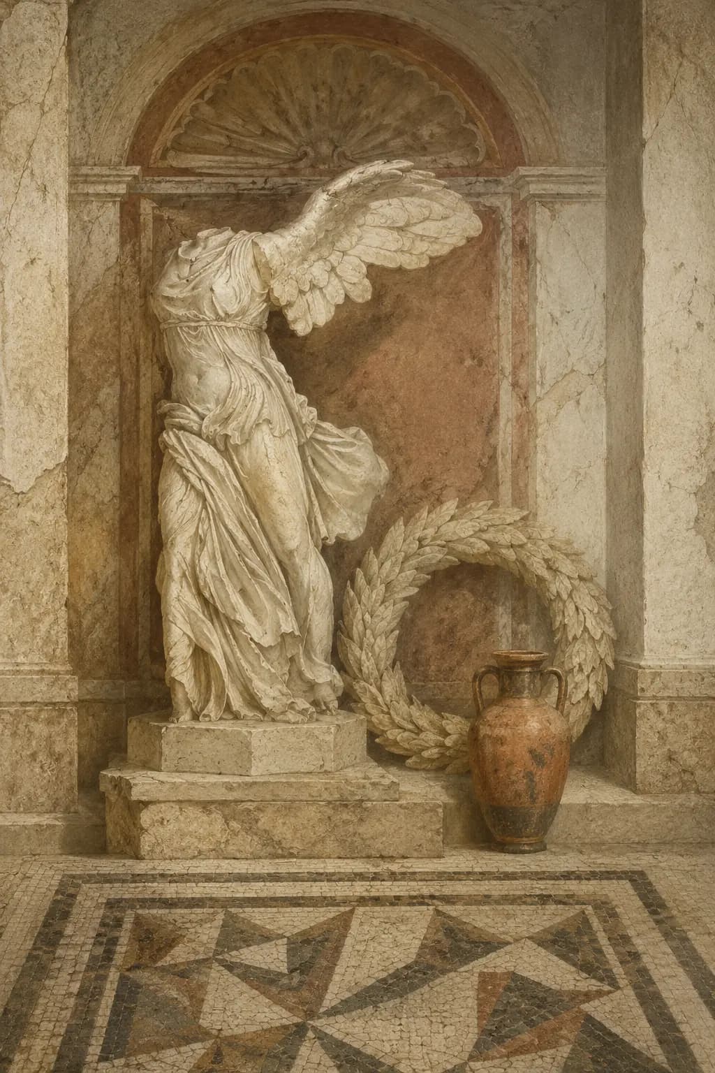 Classical victory statue, laurel wreath, amphora, and Roman mosaic